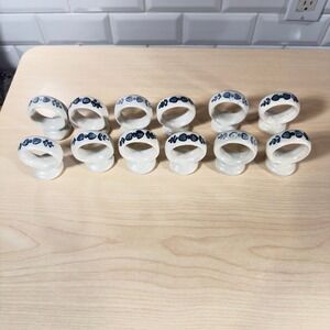 12 Napkin Rings Pfaltzgraff Yorktowne 1960s USA Blue White Stoneware  Vintage